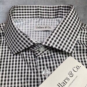 Collars & Co Polo Shirt Mens Medium Black Gingham Dress Collar Golf Preppy NWT